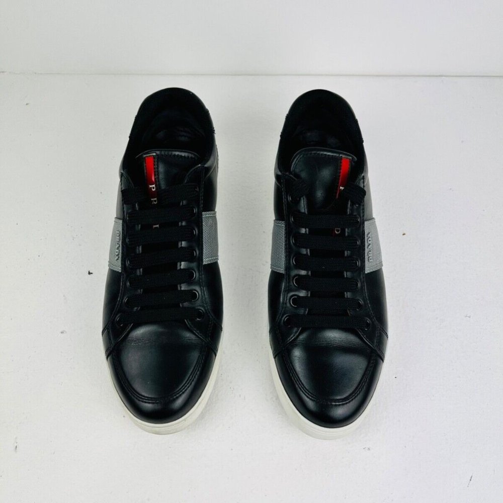 Prada Black Leather Low Top Red Line Logo Chunky Classic Trainers UK 7 - Picture 3 of 12